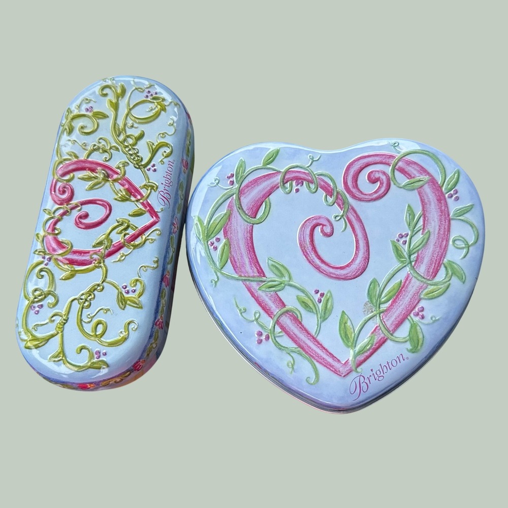 Brighton Heart Jewelry Tin and Sunglass Case Set Pink Blue Floral Vine